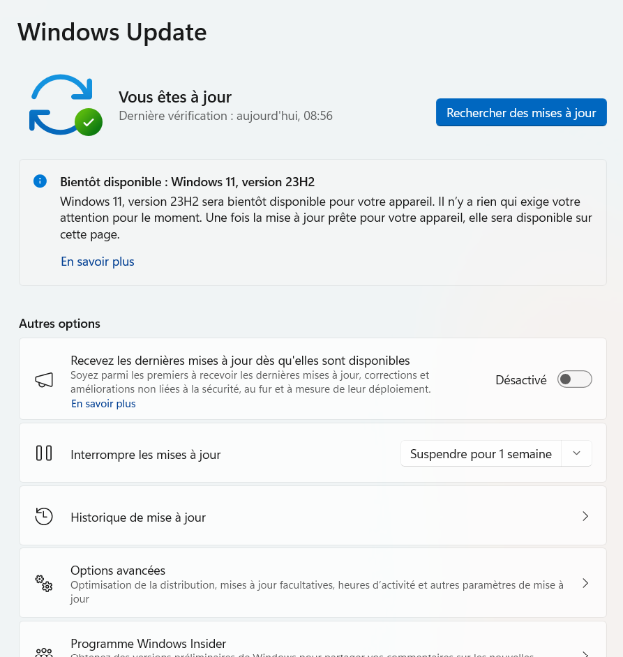 Illustration menu Windows Update dans les paramètres